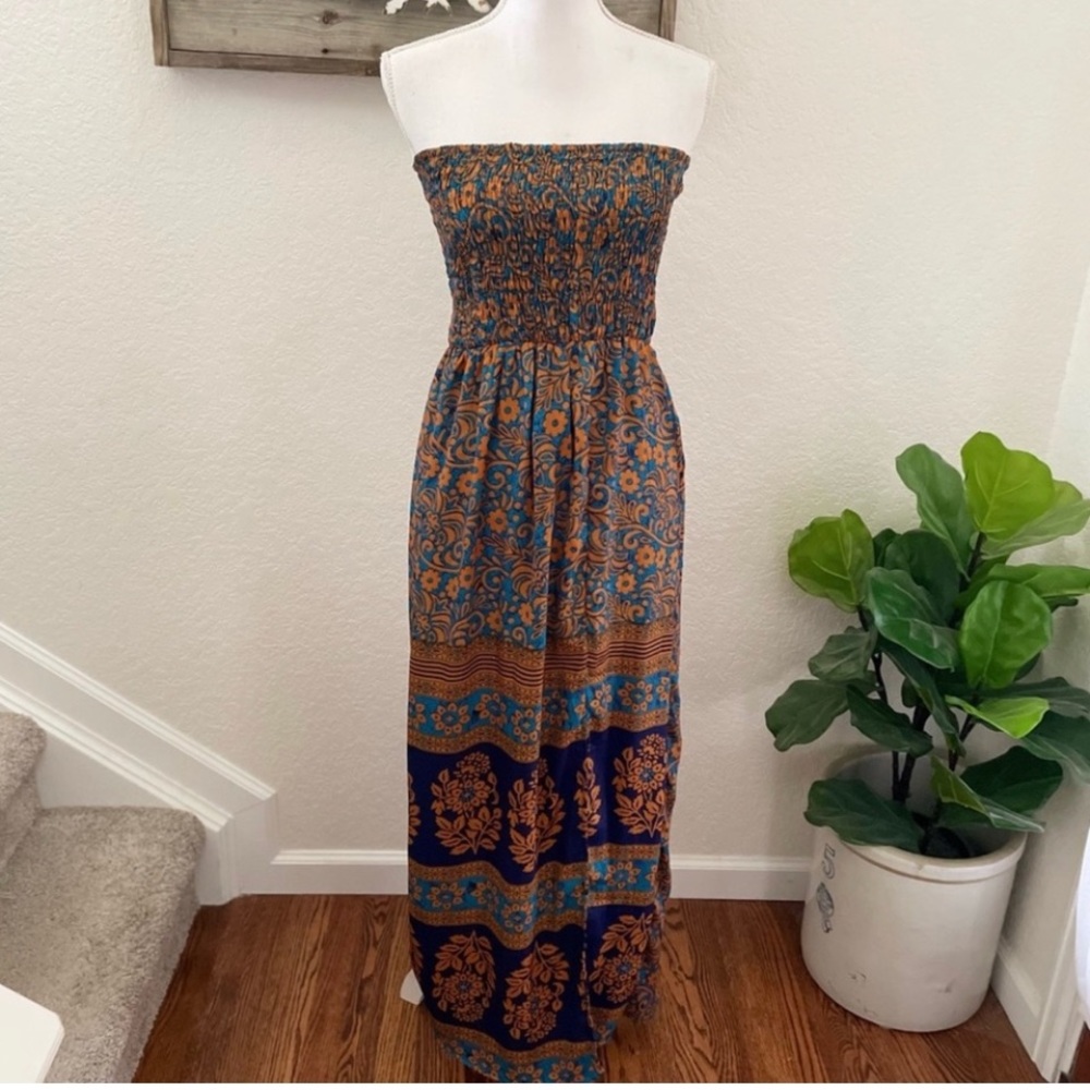Evereve Strapless Floral Maxi Dress in Blue and Orange